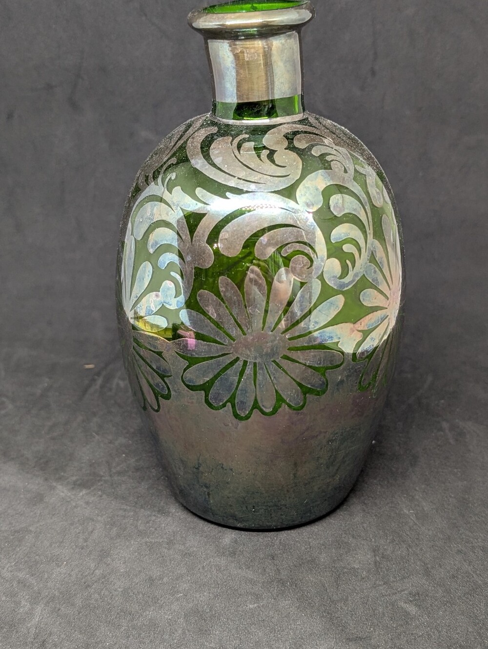 Vtg Silver Overlay Green Glass Decanter Bottle - Picture 2 of 12